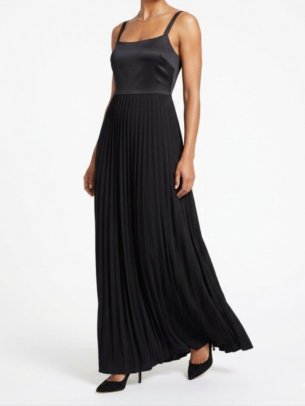 Calvin Klein Black Maxi Dress Sleeveless Strappy Back Satin Plrated Tie Black 6
